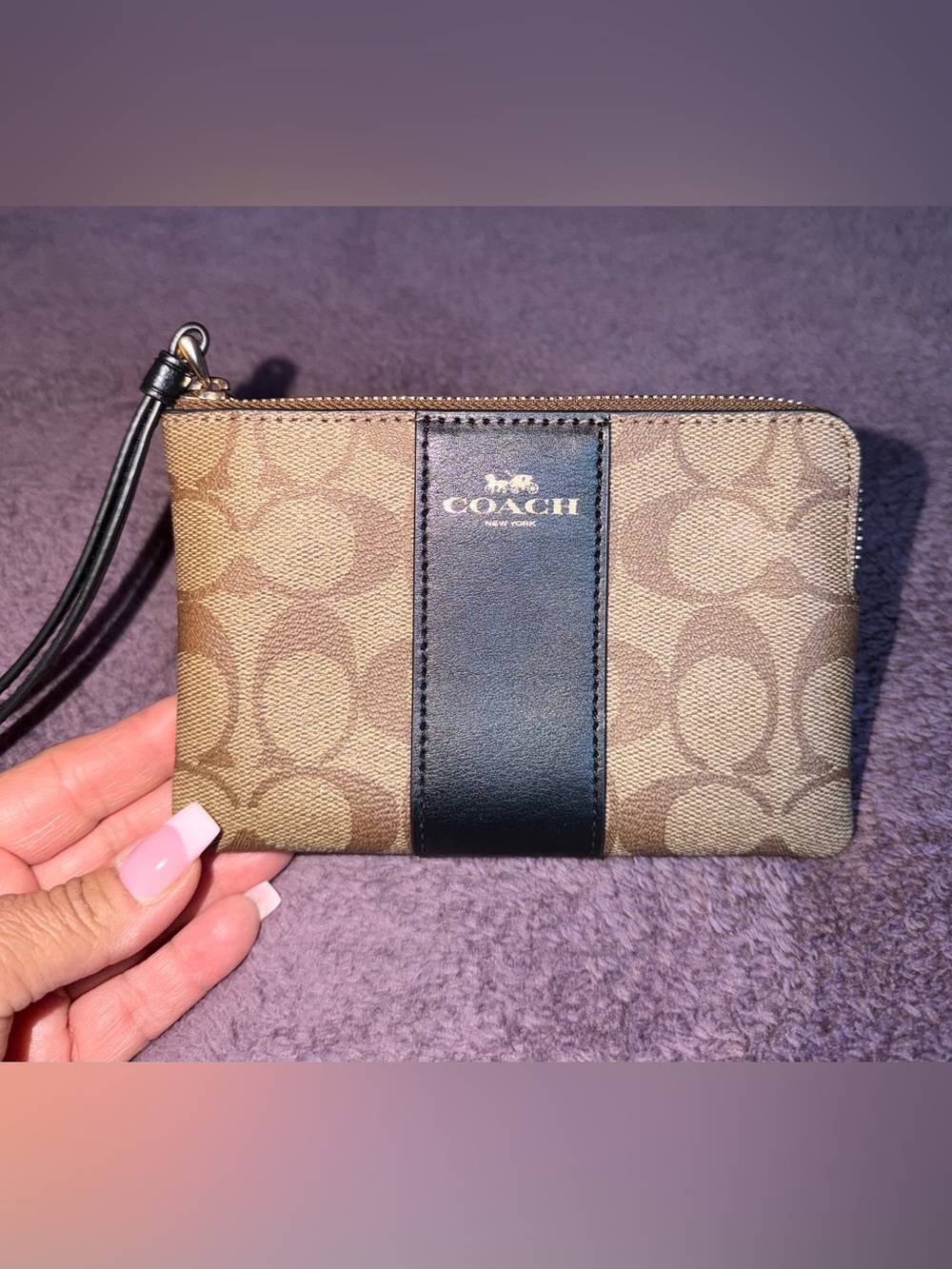 Coach 🤎 Brown Signature Canvas Wristlet with Black Center Stripe